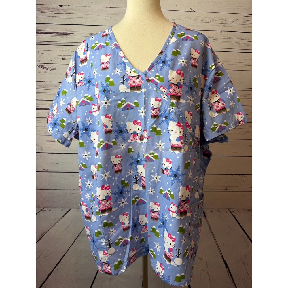 Hello Kitty Scrub Top 3X Snowman Mock Wrap Sanrio Plus Size Nursing Shirt NWT